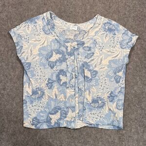 Sigrid Olsen Blue Floral Linen Short Sleeve Button Up Blouse Women's Size Medium
